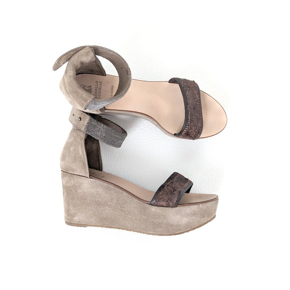 BRUNELLO CUCINELLI Monili suede wedge sandals